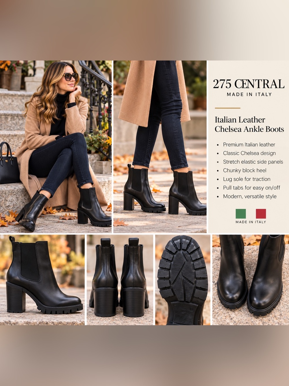 275 Central Italian Black Leather Chelsea Ankle Boots Chunky Block Heel Size 39
